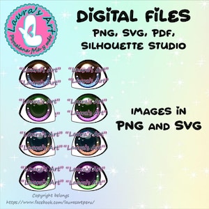 May include: Four pairs of colorful cartoon eyes with different colored irises and pupils. The eyes are in a digital file format, including PNG and SVG. The text "Laura's Art" is repeated on each eye.