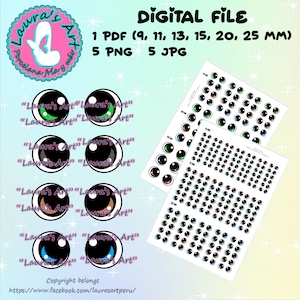 AFDRUKBARE OGEN, digitale png-, jpg- en pdf-bestanden in 6 formaten (9, 11, 13, 15, 20 en 25 mm) voor uw knutselwerkjes.
