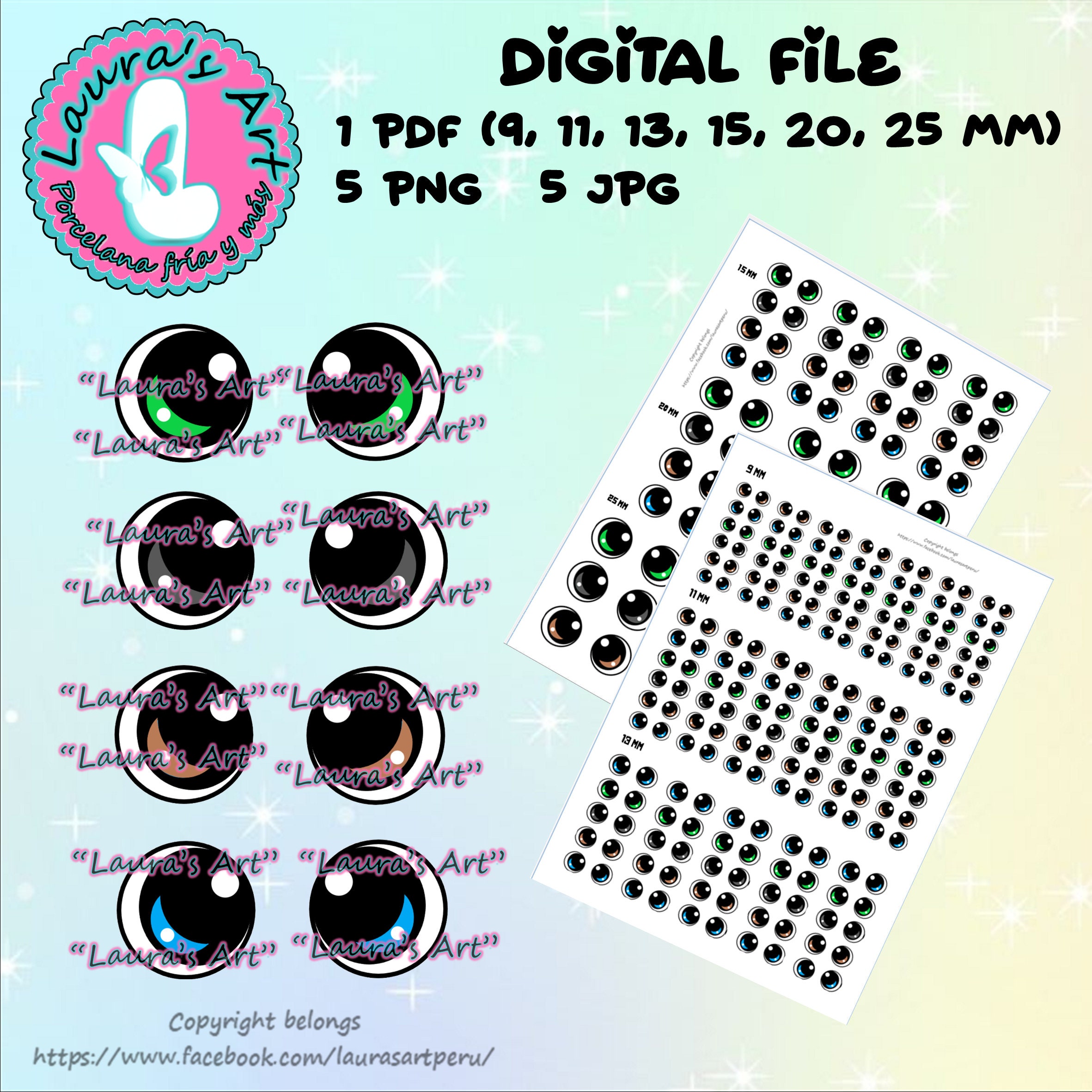 PRINTABLE EYES, Digital png, jpg and pdf files with 6 sizes (9, 11, 13, 15, 20 and 25 mm) for your crafts.