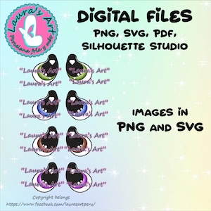 May include: Four sets of colorful animal eyes with black pupils. Each set has two eyes, one with a white heart and the other with a black heart. The text "Laura's Art" appears on each eye. The text "DIGITAL FILES PNG, SVG, PDF, SILHOUETTE STUDIO IMAGES IN PNG AND SVG" appears at the top of the image. The text "Copyright belongs https://www.facebook.com/laurasartperu/" appears at the bottom of the image.
