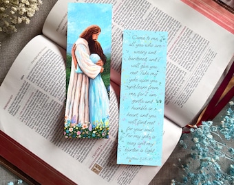 Mein Retter Lesezeichen Jesus umarmt Frau - Matthäus 11:28-30 Bibel Vers - Christlicher Glaube Bibel Lesezeichen - (Fine Art Papier - nicht laminiert)