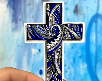 Blue Cross Sticker Polynesian Cross Hawaiian Tribal Cross Christian Stickers Matthew 6:33 Bible Verse Stickers Gifts for Christian Artwork