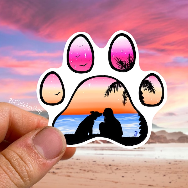 Dog Paw Print Sticker Beach Girl with Dog Vinyl Sticker Dog Mom Sticker Sunset Ocean Sticker Surf Sticker Summer Nature Art Beach Decal Dog