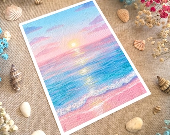 His Mercies are New Every Morning  - 5x7 art prints - Pink Blue Pastel Beach Sunrise - Lamentations 3:22-23