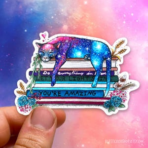 Galaxy Cat Laying on a Stack of Books Sticker, Kindle Sticker Reading Stickers Cat Lover Book Cat Sticker Cat Mom Gift Cat Gift Book Lover