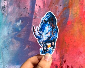 Sticker blauwe neushoorn, sticker neushoorn, waterdichte dierensticker, stickers dierentuindieren