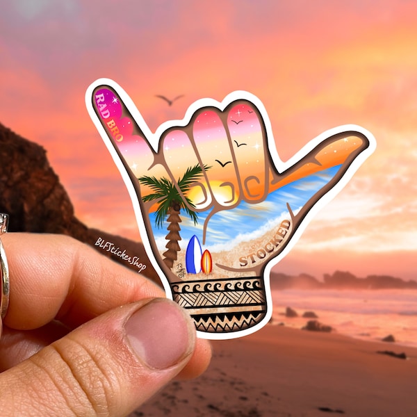 Pegatina de Shaka "Hang Loose" - Calcomanía de tabla de surf con puesta de sol en la playa, pegatina de Shaka para parachoques, Rad Bro