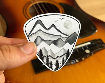 Mountain Guitar Pick Sticker, Music Lover Decal, Guitarist Sticker, Banjo Stickers