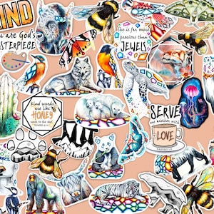 May include: A selection of vibrant stickers showcasing diverse wildlife and motivational phrases. Designs include a wolf, bee, turtle, and the text "Be Kind". The stickers are set against a light peach backdrop.