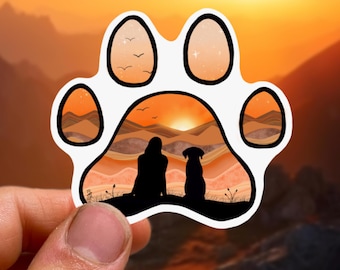 Sunset Mountain Dog Paw Print Sticker - Hiking Dog Mom Decal - Girl & Dog Stickers