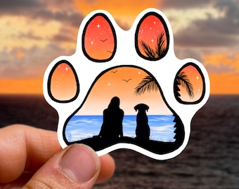 Sunset Beach Dog Paw Print Sticker - Dog Mom Stickers, Beach Dog Decal