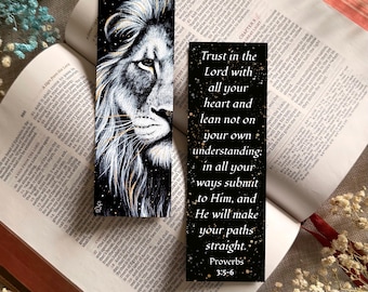 Black White Lion Face Bookmark - Proverbs 3:5-6 Bible verse - Christian Faith Bible Bookmarks - ( Fine Art Paper - not laminated )