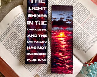 Ocean Sunset Bookmark - John 1:5 Bible verse - Christian Faith Bible Bookmarks - ( Fine Art Paper - not laminated )