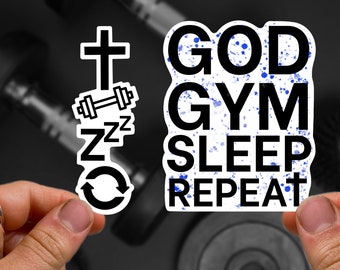 Gott Gym Schlaf wiederholen Workout Aufkleber, Fitnessstudio Aufkleber, Glaube Fitness Aufkleber, Bodybuilder Geschenk Gym Coach Geschenk christlicher Aufkleber für Wasserflasche