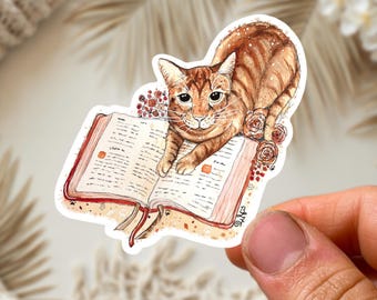 Orange Cat Laying on Book Sticker, Kindle Sticker Reading Stickers Tabby Cat Lover Book Cat Sticker Cat Mom Gift Tabby Cat Gift Book Lover