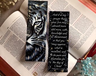 Tiger Bookmark - Philippians 1:9-10 Bible verse - Christian Faith Bible Bookmarks - ( Fine Art Paper - not laminated )