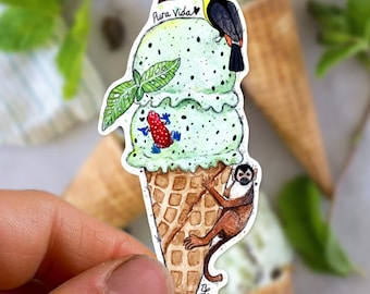 Aufkleber mit Minzeiswaffel-Motiv, wasserfest, aus Vinyl, Costa Rica-Aufkleber, Tieraufkleber mit Lebensmittelmotiven, Tukan, Totenkopfäffchen, Pfeilgiftfrosch-Aufkleber