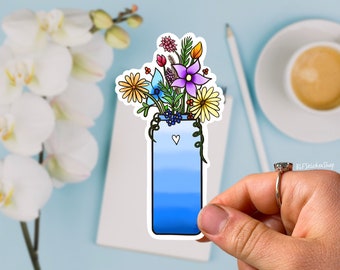 Water Bottle Sticker with Wild Flowers Blue Hydroflask Sticker Vinyl Waterproof Tumbler Sticker Floral Decal Waterbottle Gift for Her