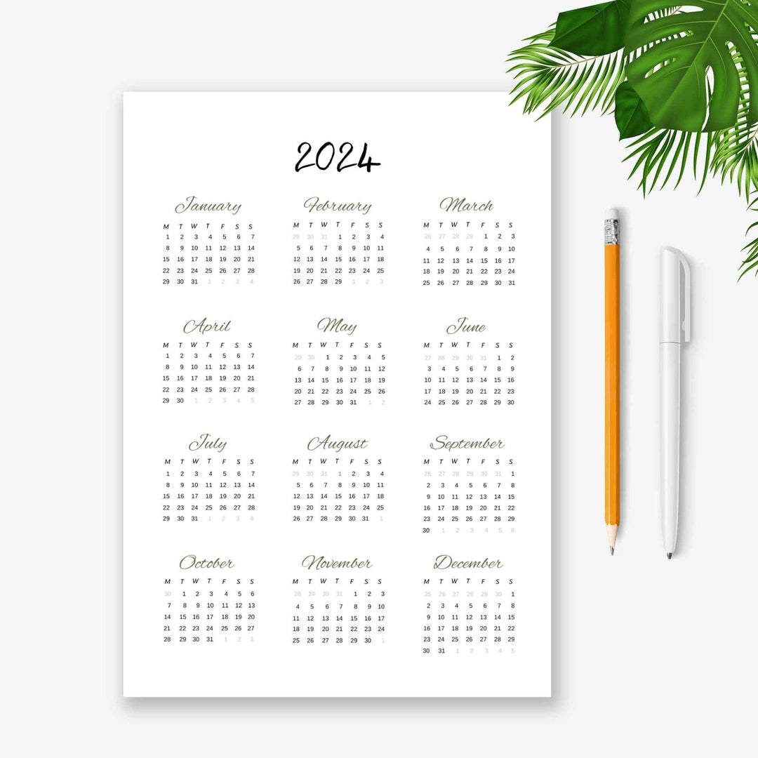 2024 Year Calendar Printable, Yearly Calendar 2024, Year at a Glance, Year Overview 2024