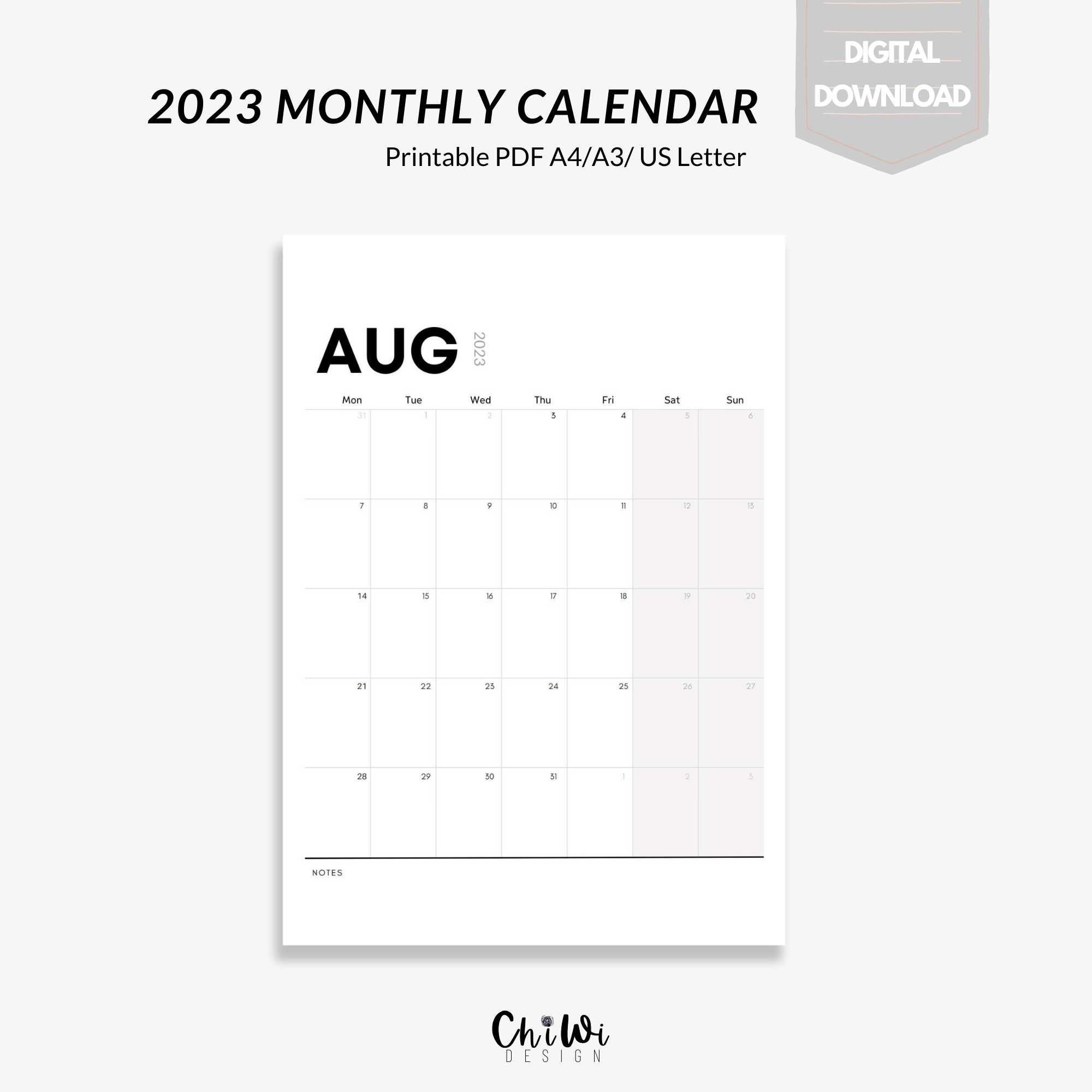 2023 Calendar Printable, Monthly Minimalist Calendar, Modern Printable ...