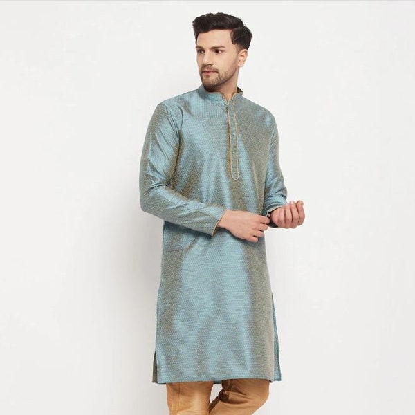 Men's Aqua Blue Silk Blend Kurta Pyjama Set|Mens indian clothes|Traditional clothing| Traditional Mens Clothes| Indian Adult wear|