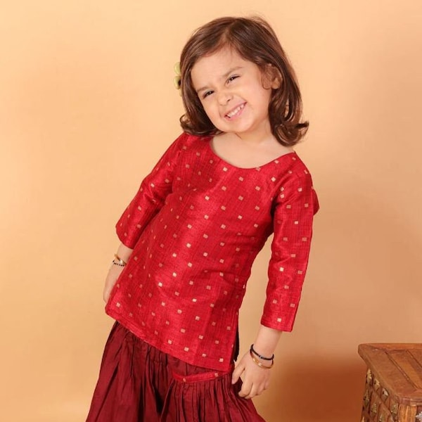 Girls' Red Zari Kurta And Maroon Sharara Set| Indian|Kids clothes|Traditional clothing| Traditional Girls Clothes| Indian kids wear