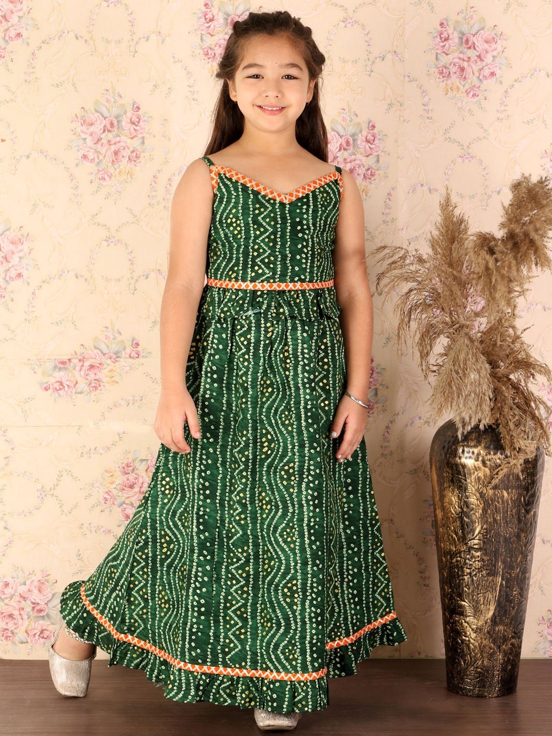 AmruthaDesignStudio Girl s Green Bandhani Top and Long Skirt Set Indian Kids clothes Traditional Clothing Traditional Girls Clothes Indian Kids Wear