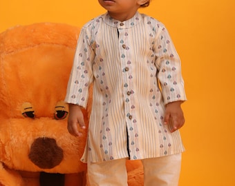 Conjunto de kurta pijama de algodón blanco tejido para niño / Ropa india para niños pequeños