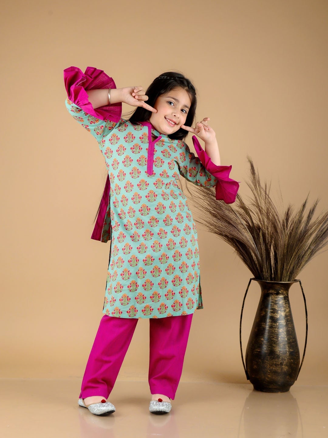 Green Jacquard Kurta and Tulip Pants for girls