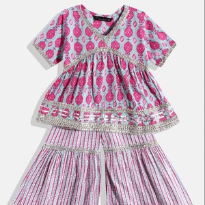 Dress style sea green and pink color printed kurti with sharara| Indian|Kids clothes|Traditional clothing|Indowestern|Fusionwear