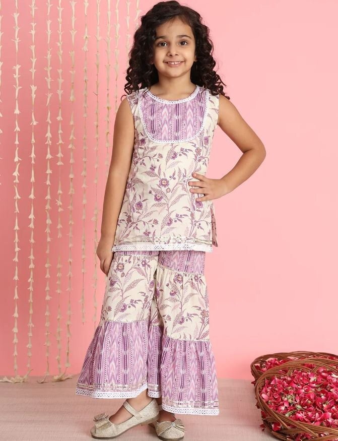 Tecido de algodão estilo reto para meninas cor roxa kurti e sharara | Kurta combinando para meninos disponível | Indiana|Roupas infantis|Roupas tradicionais