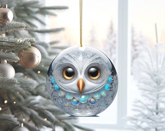 シロフクロウ：ステンドグラス風クリスマスオーナメント - 本物の