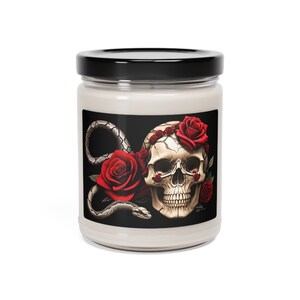 Spooky Gothic Skull and Red Rose Candle - Halloween Décor - Handcrafted Skull Candle for a Haunting Atmosphere&quot; Scented Soy Candle, 9oz