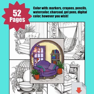 May include: A coloring book with 52 pages featuring cozy chairs in different settings. The book is titled "Cozy Chairs Coloring Book One a Week for a Year!" and includes a download icon for a PDF version.
