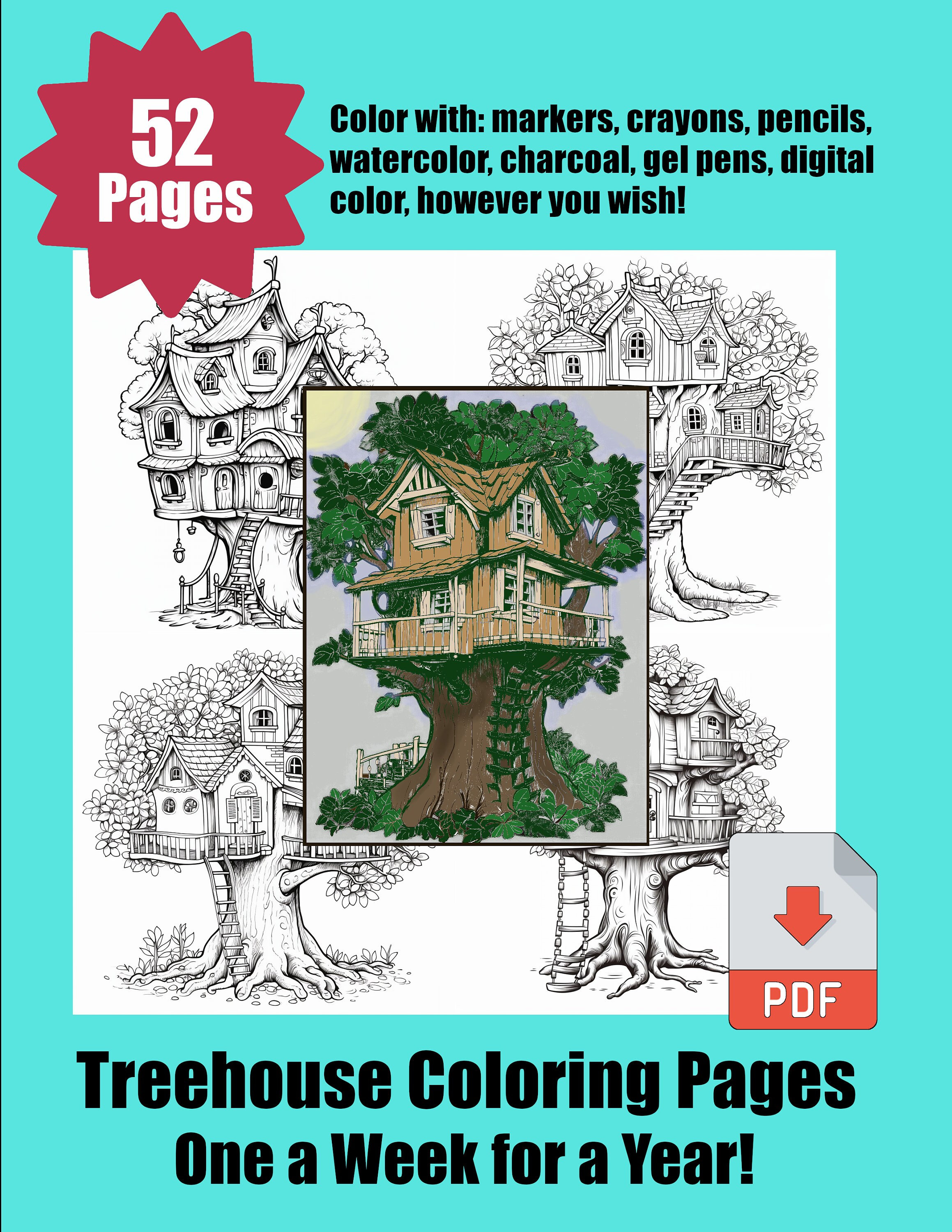 Instant Download | Coloring Book Treehouse Pages Art Adults All Ages ...