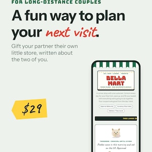 May include: A digital interface for long-distance couples titled Mookie Mart. The screen displays Bella Mart with text including Est. 2026 Lisbon-Toronto, Fresh Plans, New Shipments Weekly, and a cartoon character named Theodord.