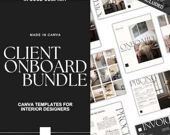 May include: A black and white graphic design with the text "IN GOOD COMPANY" and "CLIENT ONBOARD BUNDLE" in a bold, sans-serif font. The text "CANVA TEMPLATES FOR INTERIOR DESIGNERS" is also included. The image shows a collection of mockups of interior design client onboarding documents, including a portfolio, pricing sheet, process guide, and invoice.