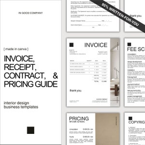 Puede incluir: Un conjunto de plantillas de negocios de diseño de interiores en un estilo minimalista. Las plantillas incluyen una factura, un recibo, un contrato y una guía de precios. Las plantillas están diseñadas para ser utilizadas por diseñadores de interiores para crear documentos de aspecto profesional.