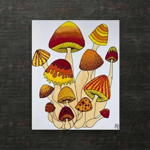 Print- Trippy Mushroom Painting Drawing Poster- Warm colors, patterns, boho, hippie