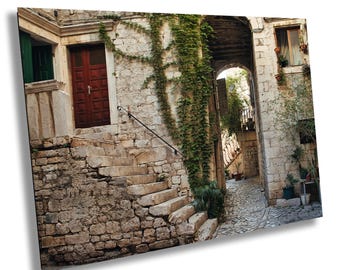 Old Europe Photography Print: Cobblestone Path, Floral Home Decor