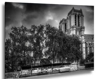 Impresión de la Catedral de Notre Dame: fotografía parisina en blanco y negro, arte del río Sena