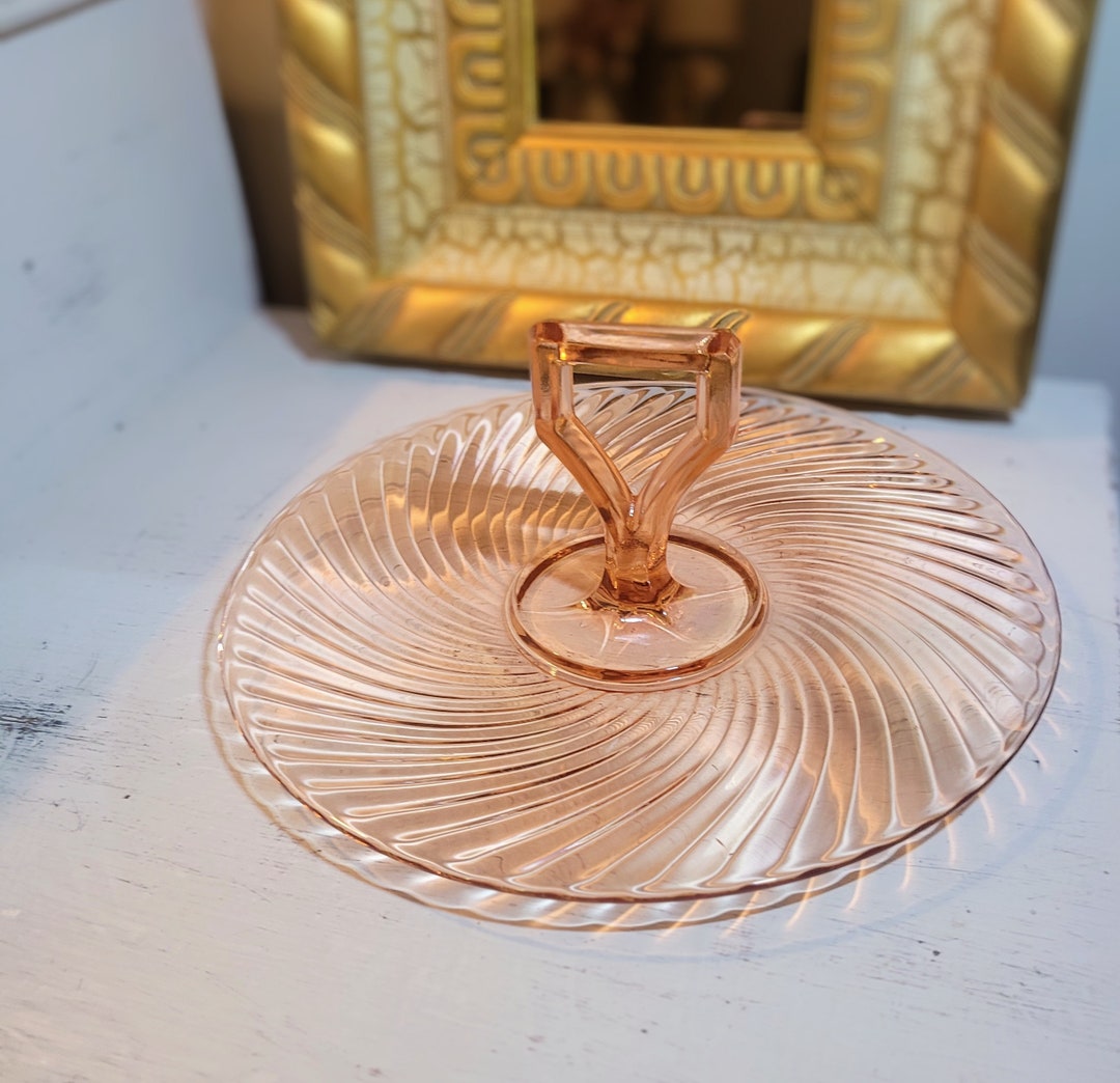 Pink Depression Glass Serving Tray With Handle, Pink Swirl Glass Dish