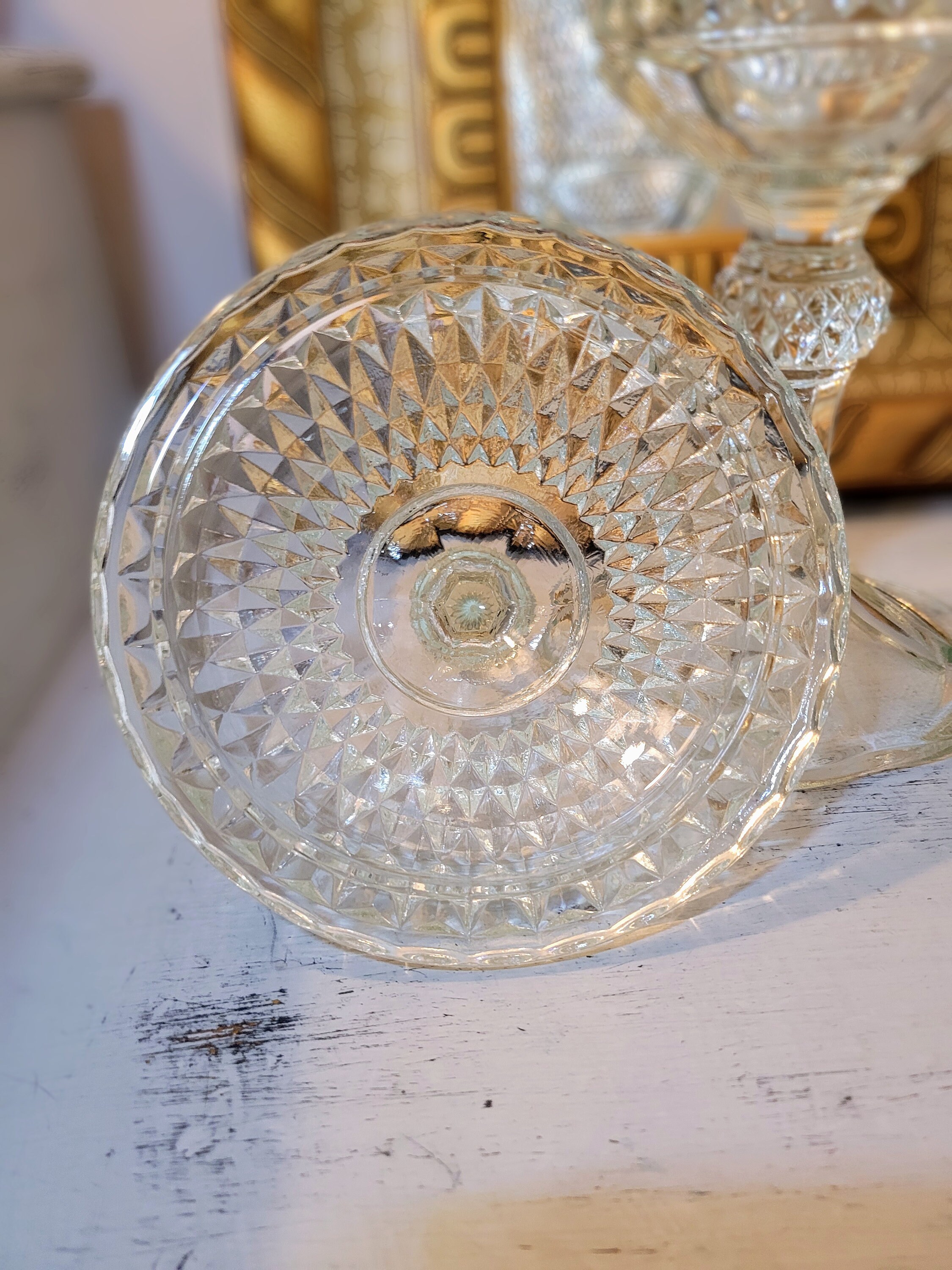 Vintage Large Indiana Glass Diamond Cut Compote With Lid Clear Glass