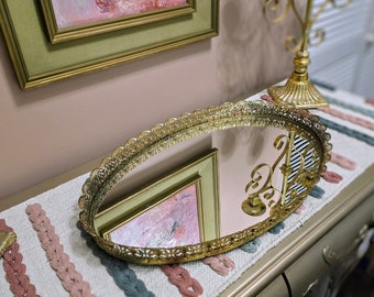 Vintage Very Large Gold Oval Vanity Tray, Gold Mirror Vanity Tray, Hollywood Regency