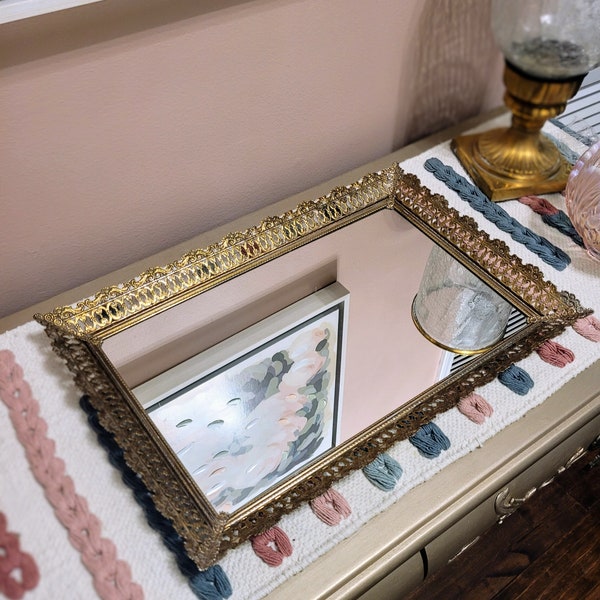 Vintage Large Gold Footed Vanity Tray, Gold Mirror Vanity Tray, Hollywood Regency Decor