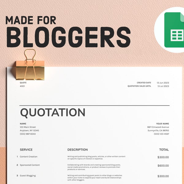 Blogger Quotation Customisable Quotation Templates for Google Sheets Efficient Blogging Tools 2023, Digital Product for Bloggers