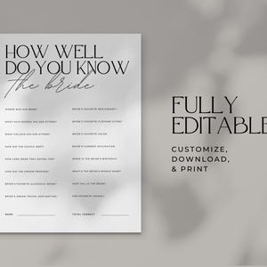 Fully editable template to customize, download, and print. With the game "How well do you know the bride"