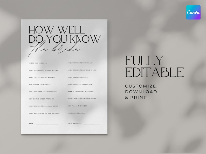 Fully editable template to customize, download, and print. With the game "How well do you know the bride"