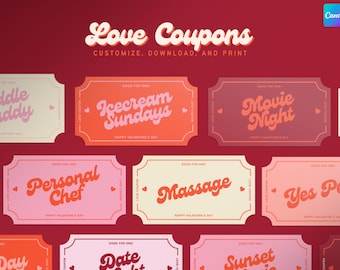 Coupons d'amour, cadeau imprimable pour petite amie ou petit ami, cadeau bricolage pour la Saint-Valentin, toile modifiable, parfait pour les anniversaires