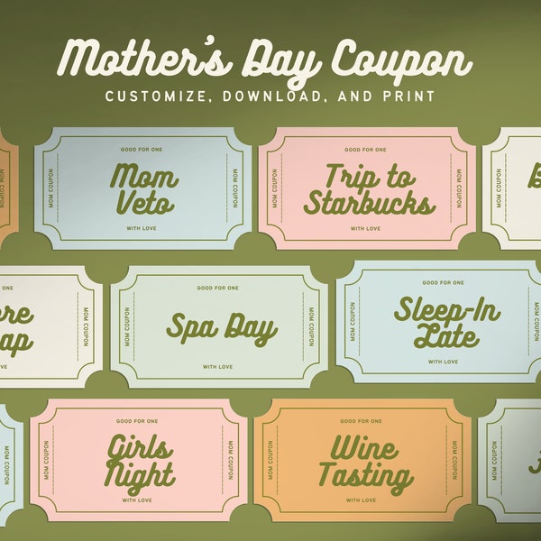 Mother's Day Coupon Book, Mother's Day Coupons, Mother's Day Gift, Gift for mom, Editable in Cava, Coupons for Mom, Wife, Grandma